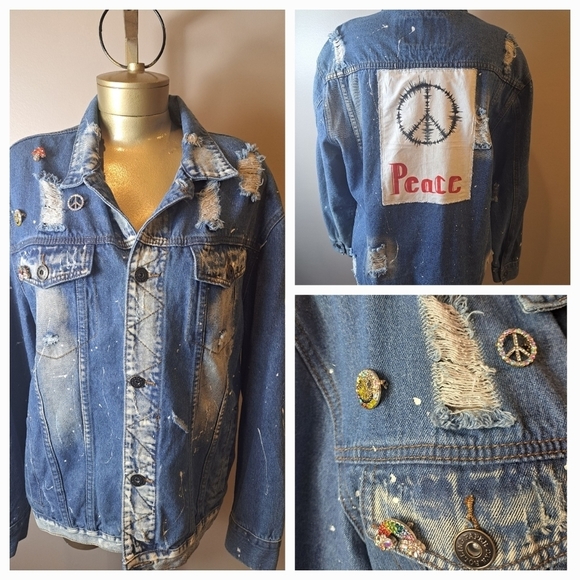 Rolling Paper Upscaled Statement Jean Jacket With Hand Painted Peace Sign Patch - Picture 1 of 8